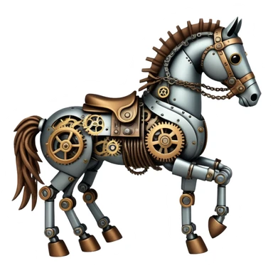 Horse made of visible mechanical parts with gears, cogs, wires, and rope components, steampunk style sticker