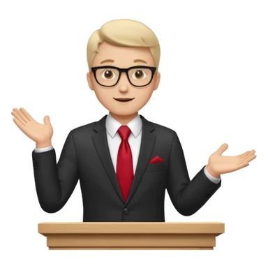 A professional clean-shaven man in a dark business suit and red tie standing behind a podium, confidently delivering a speech. Hands slightly open in a welcoming gesture, soft studio lighting, neutral dark background, friendly facial expression, glasses, elegant and corporate look. sticker