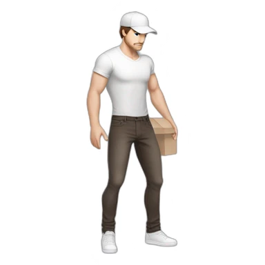 Pale skinned fit Man with dark brown hair in a light gray cap, dark brown jeans, brown polo and white T-shirt keeping a pasted with tape white box into his hands sticker