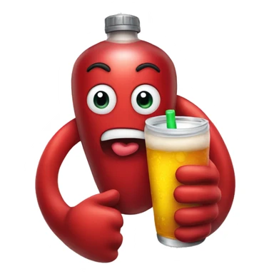 A red heart ❤️ with eyes, a mouth, and hands, looking drunk, holding a drink bottle, with a wobbly and tipsy expression. sticker