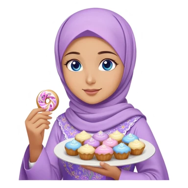 Turkish beautiful finish Konya girl blue eyes with lilac floral hijab islamic dress and had on her hand text Eid Mubarak with sweets and celebrating with her friends eid days   sticker