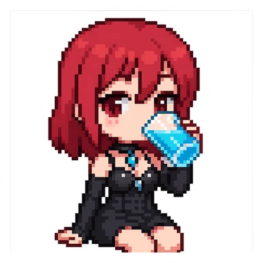 Make the character more chibi with red cherry hair instead of red curly hair, keep the goth style, and depict her drinking water. The style should be pixel art with no background. sticker