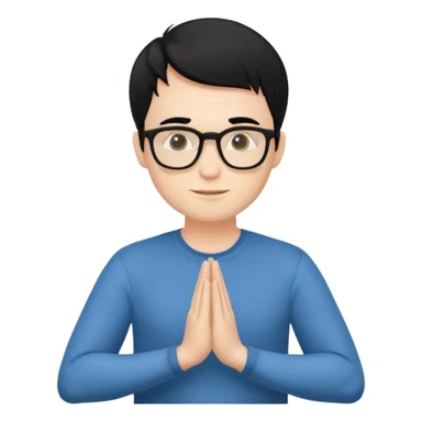 A white Man with black hair doing namaste with wearing specs sticker