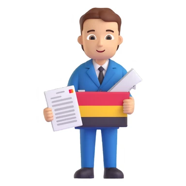 3D style official friendly universal character with a document and German flag motif, citizenship app icon, no specific gender or ethnicity sticker