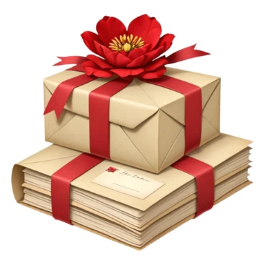 A beautifully arranged Stack of aged letters, tied with a red ribbon, envelopes, corespondence, aesthetic, red flower petals around, mails sticker