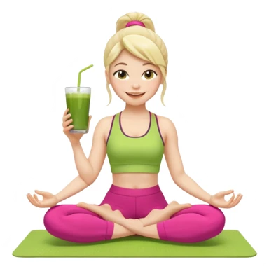 Девушка-мемоджи радостно сидит на коврике для йоги, в спортивной позе, в ярком стильном спортивном комплекте. Лицо сияющее, улыбка очень довольная и счастливая, в руках яркий стакан освежающего матча-лимонада, вокруг атмосфера свежести, отдыха и комфорта. Белый фон. sticker