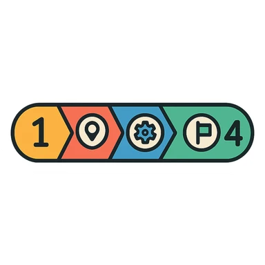 modern horizontal progress bar with colored segments for each phase, numbers and icons, isolated on white background sticker