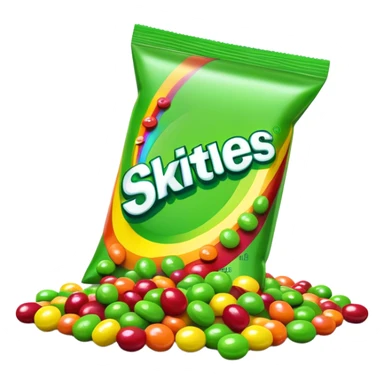 Skittles candy package with green candies spilling out, minimalist sticker