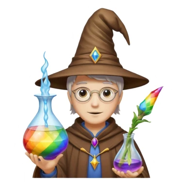 costume, wearing wizard hat custome, with glass vase, rainbow sticker