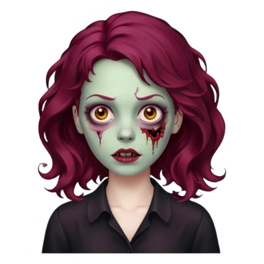 Faça me um emoji de um zumbi mulher de cabelos vermelho borgonha ondulado usando uma blusa preta sticker