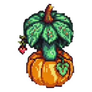 heart with a mushroom on one side and a pumpkin on the other, pixel art style sticker