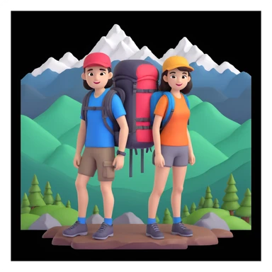 back packer couple posing, mountains in background,   close up pose sticker