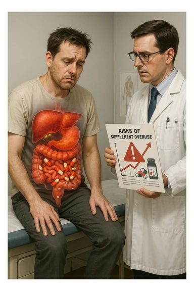 a man sits on a doctor’s examination table, looking fatigued and uncomfortable. A transparent anatomical overlay reveals his liver and intestines, both appearing inflamed and congested, with stylized supplement capsules and pills scattered throughout the digestive tract. The doctor stands nearby, holding a chart that highlights the risks of excessive supplement use. The mood is clinical and educational. in italiano iperrealistica sticker