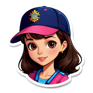 brunette girl latin with pink shirt tiny name tag and all navy blue hat sticker