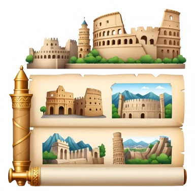 icon featuring an ancient scroll, quill pen with famous historical landmarks and monuments like the Great Wall and the Colliseum in the background. Historical figures are depicted as statues, symbolizing the study of history. Transparent background highlights the legacy of past civilizations. sticker