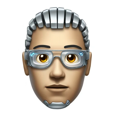Male cyborg head with metallic skin, flat top, rectangular glasses and circuits sticker