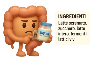 EMOJI STILE IPHONE 3D DI UN INTESTINO CHE HA IN MANO UN BARATTOLO DI YOGURT CONFEZIONATO DA SUPERMERCATO E LEGGE L'ETICHETTA NUTRIZIONALE CON GLI INGREDIENTI IN ITALIANO, ACCANTO ALLO YOGURT CHE HA IN MANO C'è UN FOCUS SULL'ETICHETTA CON GLI INGREDIENTI SCRITTI sticker