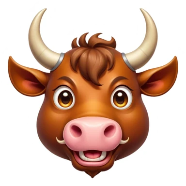 Cinematic Comical Domestic Ox Portrait Emoji, Head tilted dramatically with an exaggeratedly amused expression, featuring a striking, glossy hide with boldly curved horns and wide, expressive eyes brimming with playful disbelief, Simplified yet hilariously expressive features, highly detailed, glowing with a slightly sassy earthy glow, high shine, dramatic yet playful, stylized with an air of cheeky rural mischief, soft glowing outline, capturing the essence of a spirited and over-the-top ox that looks ready to charge its way into internet fame instantly! sticker