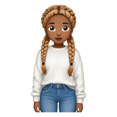 average height girl, caramel black with a white sweater, black bag, baggy jeans and braids sticker