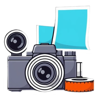 Film photography setup with camera, film rolls, and developed photos sticker
