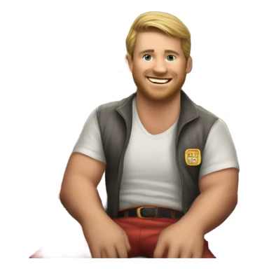 Ryan Muehlbach on a boat playing slots with a 32 on his shirt sticker