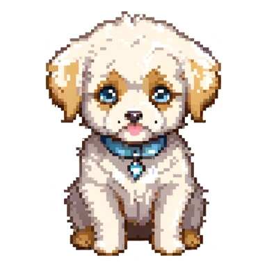 chibi cream Maltipoo puppy, pixel art emoji, big sparkling eyes, fluffy fur, sitting, pastel colors, simplified for emoji, 64x64 sticker