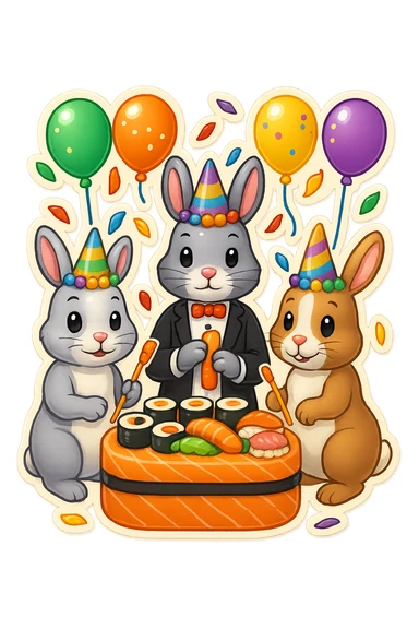 Add a fourth bunny so there are four bunnies together, all clearly visible, eating sushi at a birthday party, playful, festive emoji style, preserve the background transparency. sticker