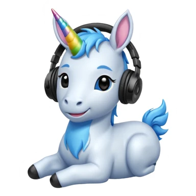Unicornio bebé azul sentado escuchando música con auriculares negros sticker