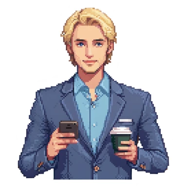 Confident male entrepreneur, Caucasian features, blonde hair, defined eyebrows, slight smile, wearing blue blazer over light blue shirt, holding a smartphone in one hand and a coffee cup in the other, waist-up, front-facing sticker