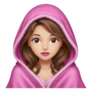 girl with long wavy brown hair, brown eyes, long lashes makeup, sexy pink lips, light to medium complexion, wearing a pink sexy silk top, big blanket over the head cozy  sticker