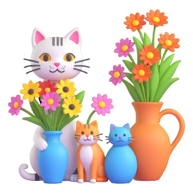 A 3D delightful cat beside a vase of vibrant flowers, with the text "Have a Beautiful Day" in the style of the reference image. The image should exude a sense of calm and beauty. sticker
