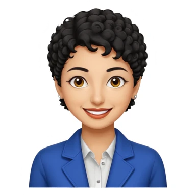 30 year old iranian woman very short curly black hair, big brown eyes, tanned skin, big smile, white teeth, pretty, stylish, shorter hair, boy cut hair, nice clothes sticker