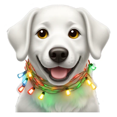 happy white dog wrapped in christmas lights sticker