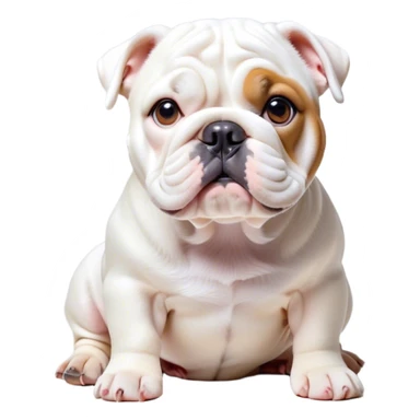 Cinematic Cute White English Bulldog Portrait Emoji, Head tilted playfully and inquisitively, featuring a silky pure white coat with a gentle sheen, round, sparkling brown eyes filled with curiosity, Simplified yet irresistibly adorable features, highly detailed, glowing with a warm, friendly glow, high shine, affectionate and charming, stylized with a touch of whimsy, bright and endearing, soft glowing outline, capturing the essence of a mischievous yet loving companion, so playful it feels like it could bound out of the screen and into your arms! sticker