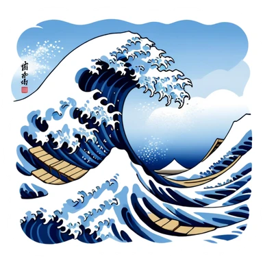 Cinematic Realistic Great Wave off Kanagawa, depicted as a colossal, crashing wave with dynamic blue hues and frothy white crests, rendered with intricate textures and fluid motion that captures both the timeless power and poetic beauty of the iconic Japanese artwork sticker