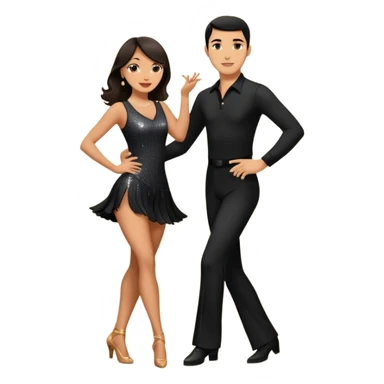 Photorealistic dancesport professional latin couple dancing the cha cha cha at the competition dancefloor, the women is in skinny short sparkly dress, the man is in black shirt and black classic pants, the women has brown long hair, the man has short black hair  sticker