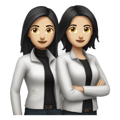 two caucassian woman with black jackets. One has black hair the other one has brown hair and is slightly shorter then the woman with black hair sticker