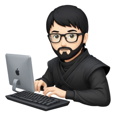 Man with black hair and beard wearing glasses in a ninja costume typing on a computer keyboard sticker