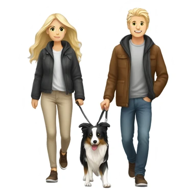 Blond white couple (long hair girl) walking tricolor border collie sticker