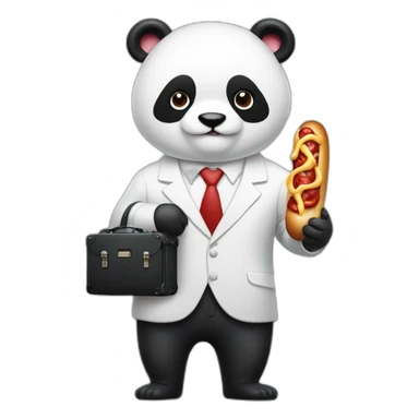 A professor with white suit and red tie and a panda face eating a hotdog and holding a black suitcase sticker