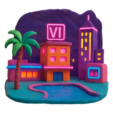 claymation style neon city with palm tree inspired by GTA 6 sticker