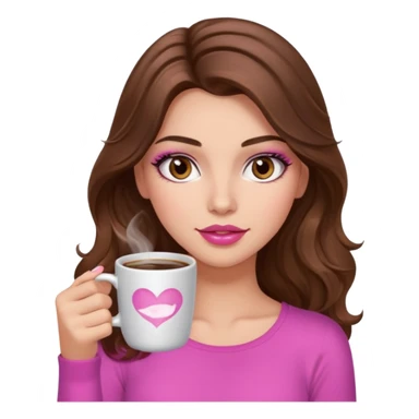 girl with long wavy brown hair, brown eyes, long lashes makeup, sexy pink lips, light to medium complexion, pink sexy top, with a hot coffee mug sticker