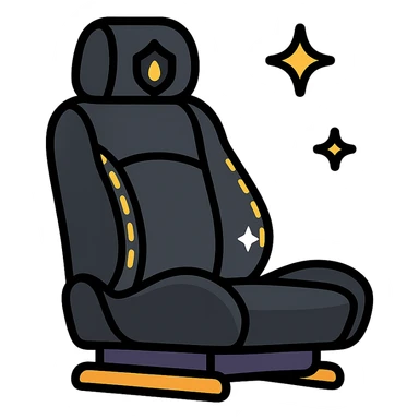 luxury car seat icon in matte black with a small droplet or shield on the headrest, elegant stitching, minimalist lines, extra shine and sparkling effects, modern and clean style, no text sticker