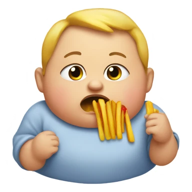 a fat baby eating a french fry with a disgusted face sticker