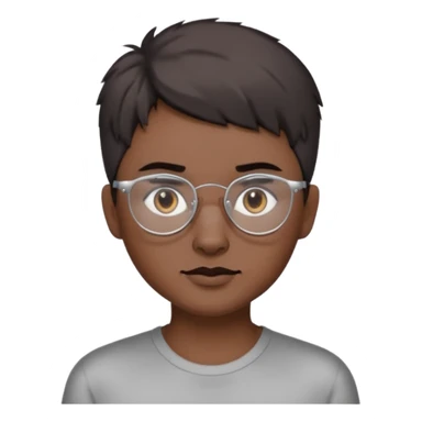 personagem com Wolf cut curto, cabelo castanho escuro, olho castanho escuro, sombrancelha castanho escuro, óculos sem aro prata. sticker