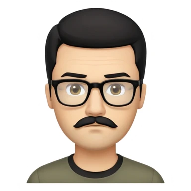 Caucasian man with medium-length, combed-back black hair, dark thick eyebrows, square black glasses, light olive skin, short full beard with mustache, wearing a black crew neck shirt. Neutral to serious expression with slightly pursed lips and focused eyes sticker