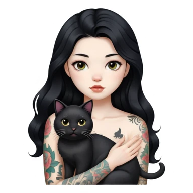 a Chinese girl with long black  Big Wave hair and tattoos and a black round faced cat sticker