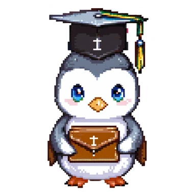 A cute penguin with beautiful eyes, very happy, wearing a graduation cap with the letter 'Ю' on it, holding a wallet. sticker