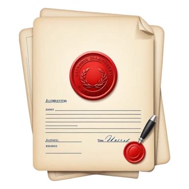 Document icon with official stamp or seal, symbolizing business registration and authorization sticker