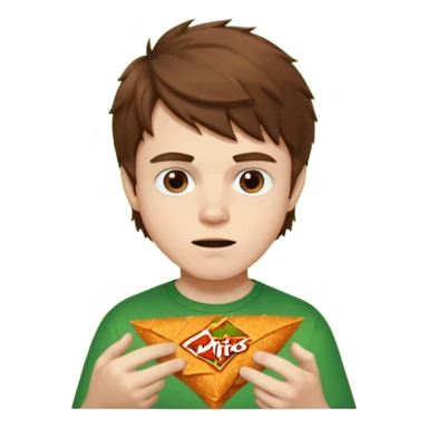 A white boy with messy brown hair eating Doritos while gaming on a green ipad sticker